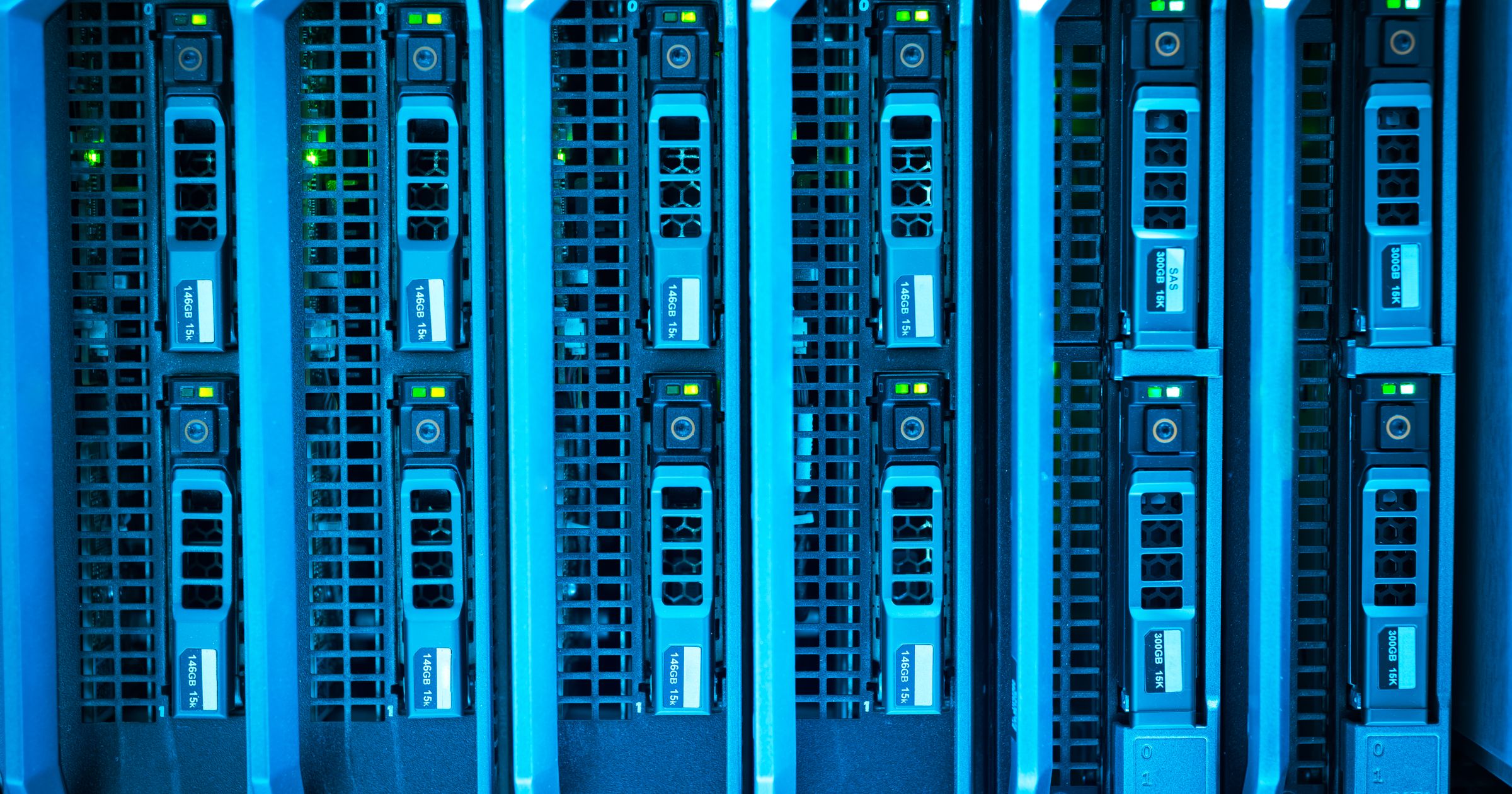 A close-up view of indicator lights on a server rack in a quiet data centre cabinet.